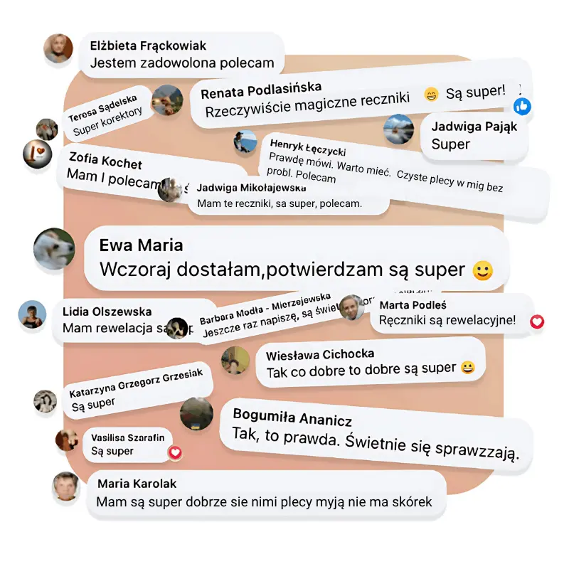 Zrzut komentarzy klientek z Facebooka: „Są super”, „Mam i polecam”, „Mam, są super dobrze się nimi plecy myje”