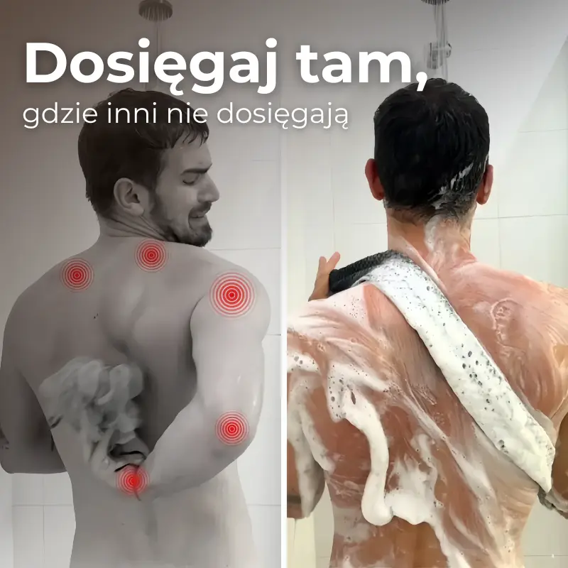 Mężczyzna myje plecy ręcznikiem Tobinō – dosięga tam, gdzie gąbka nie sięga